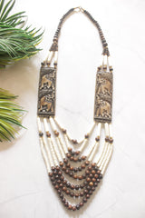 White and Brown Bone Beads Statement Necklace with Elephant Motifs