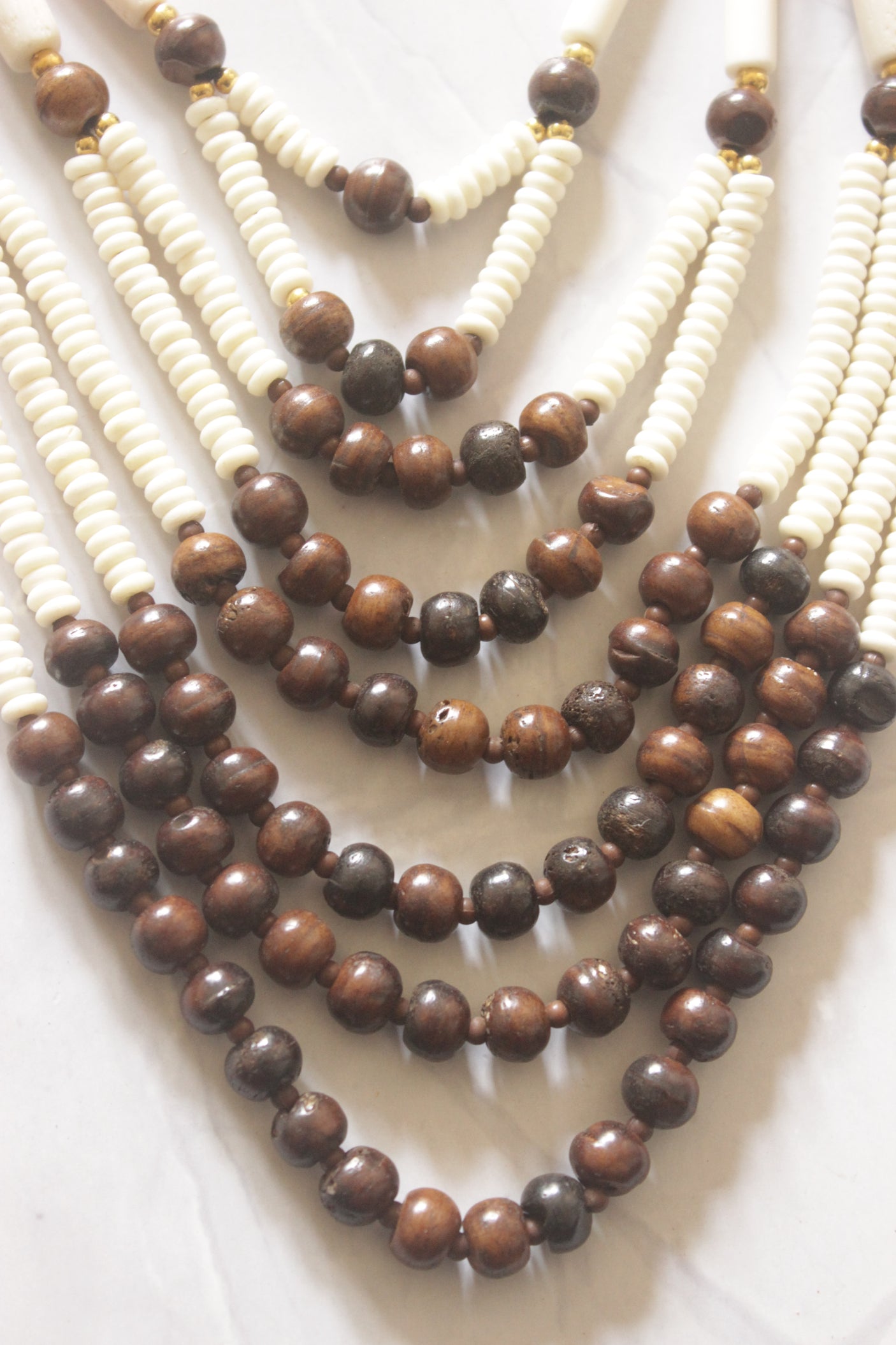 White and Brown Bone Beads Statement Necklace with Elephant Motifs