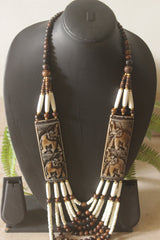 White and Brown Bone Beads Statement Necklace with Elephant Motifs