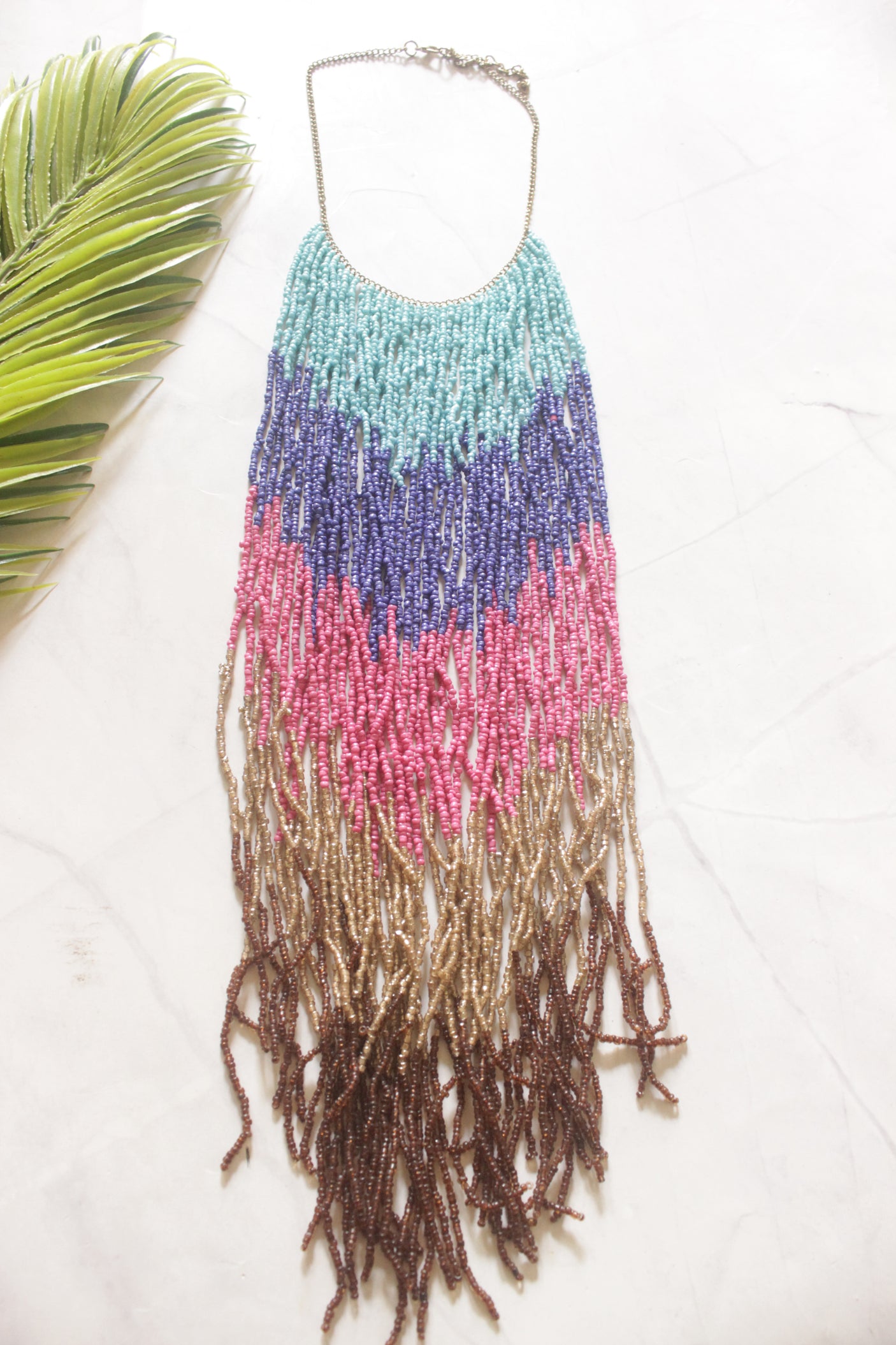 Cascading Colour-Block Seed Bead Statement Waterfall Necklace