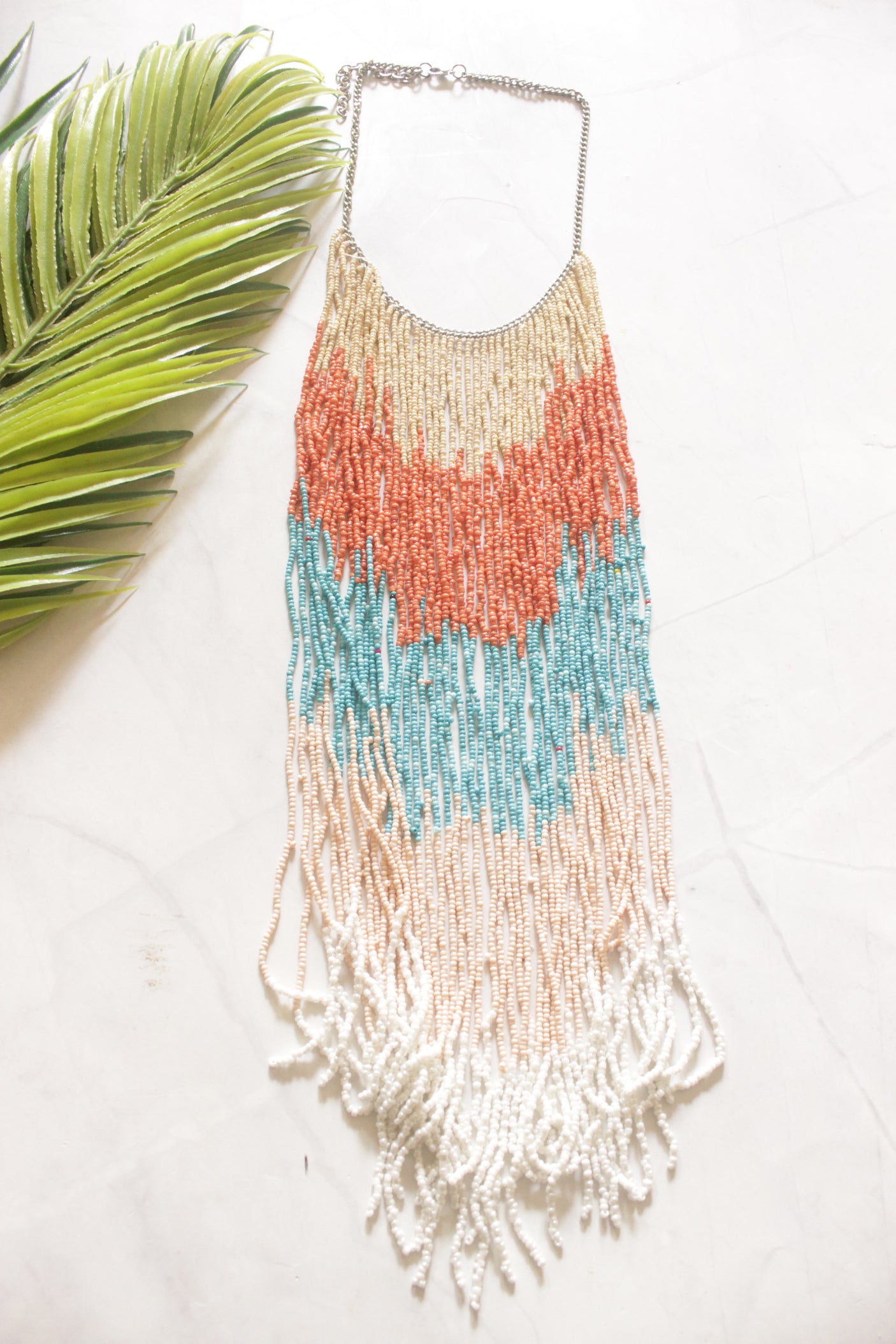 Multi-Strand Seed Bead Waterfall Fringe Necklace on Silver Chain