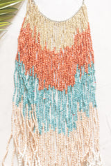 Multi-Strand Seed Bead Waterfall Fringe Necklace on Silver Chain