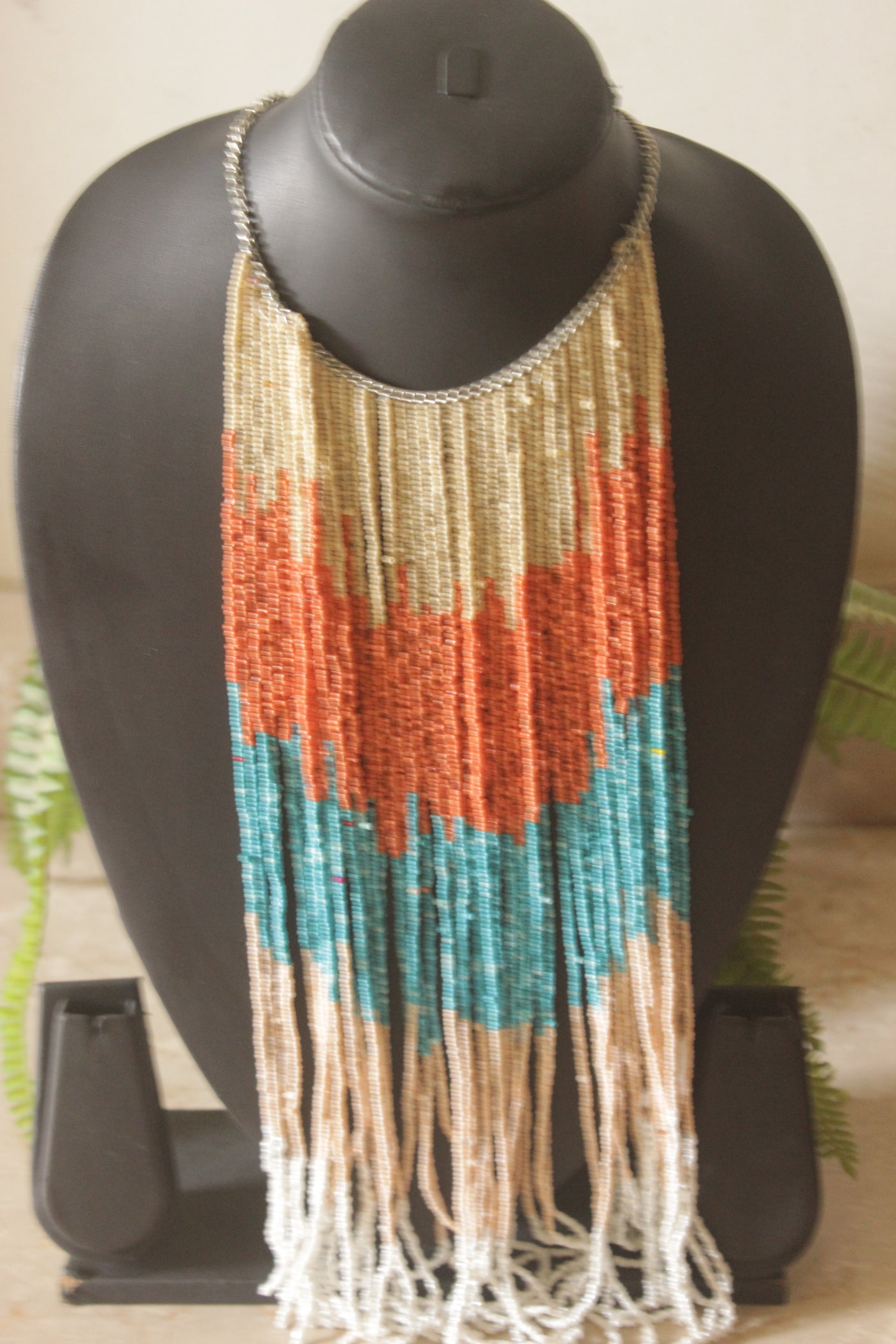 Multi-Strand Seed Bead Waterfall Fringe Necklace on Silver Chain