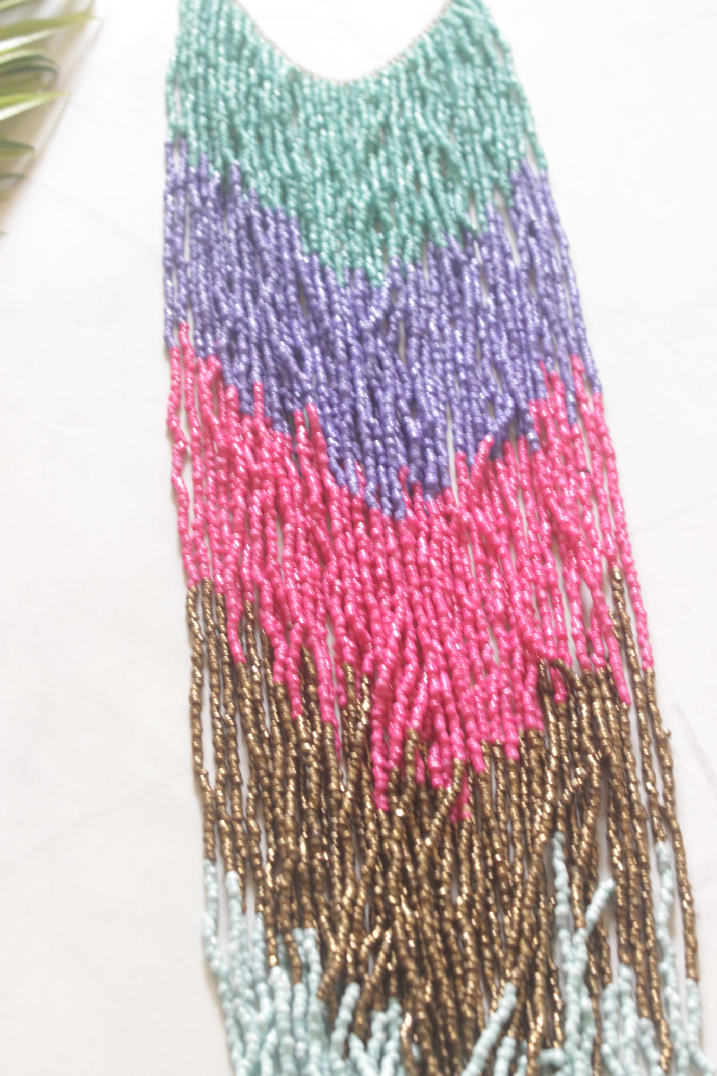 Colour Block Ombre Seed Bead Long Fringe Waterfall Necklace