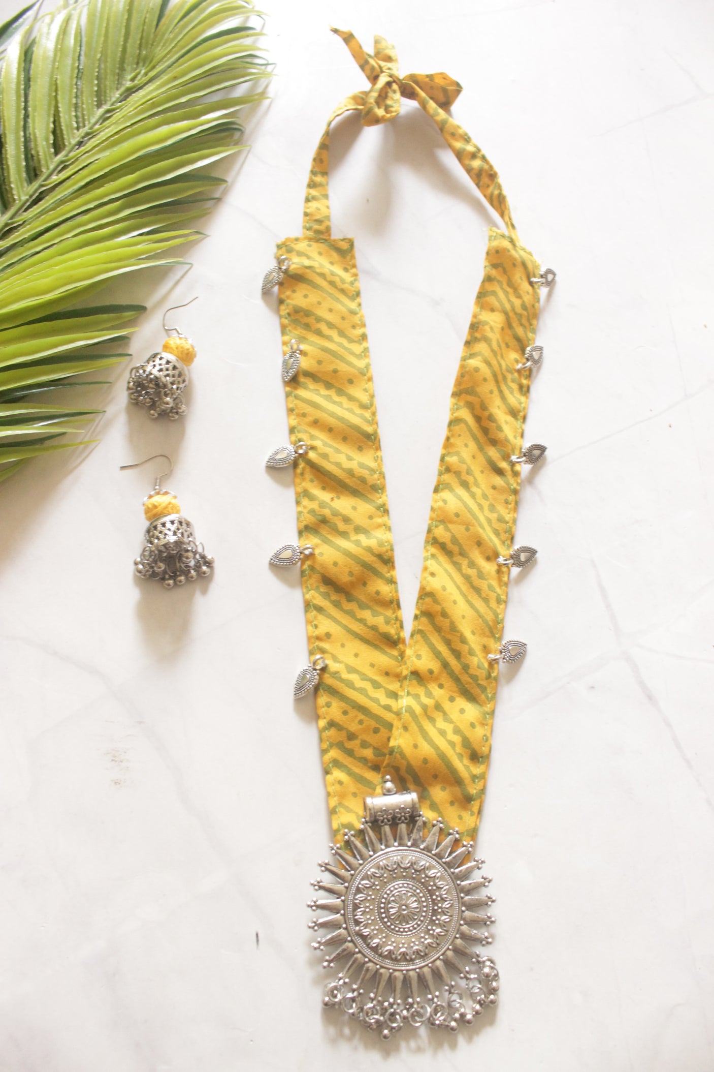 Surya Sun Medallion on Yellow Leheriya Fabric Necklace Set