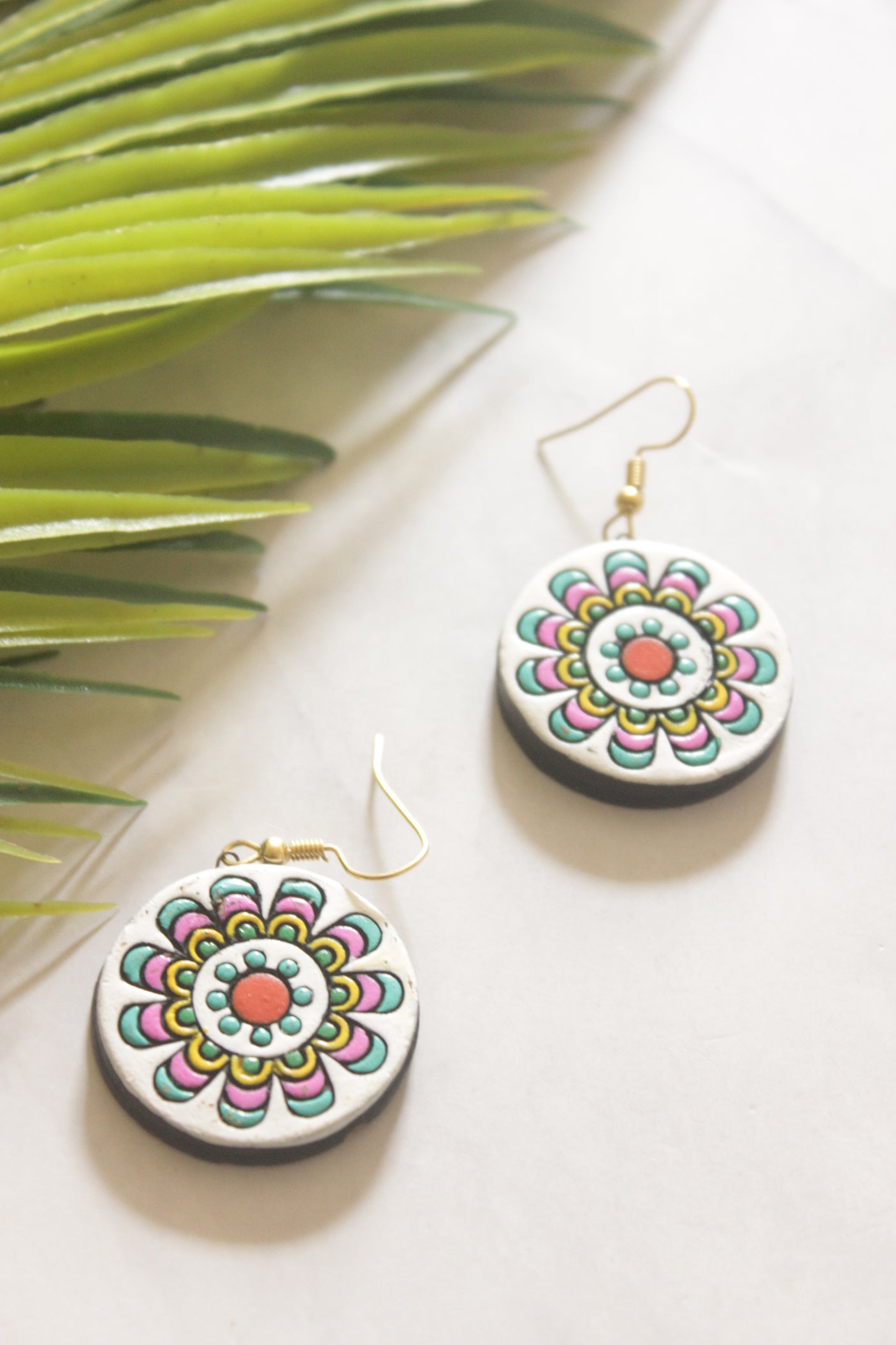 Hand Painted Flowers Terracotta Clay Long Necklace Set