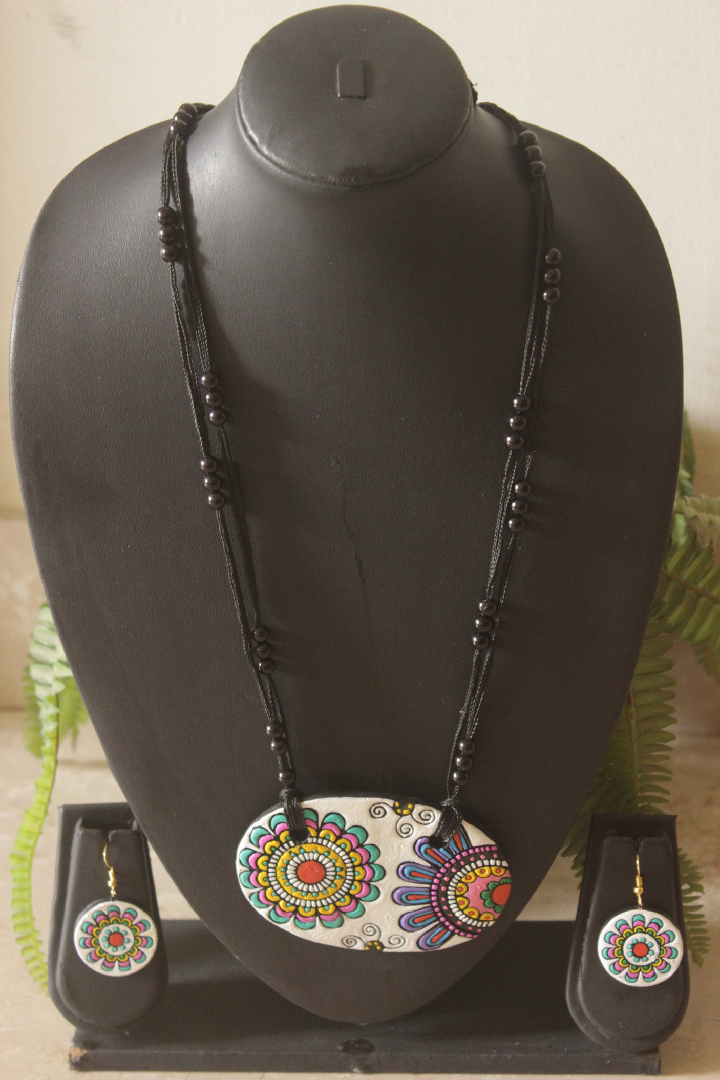 Hand Painted Flowers Terracotta Clay Long Necklace Set