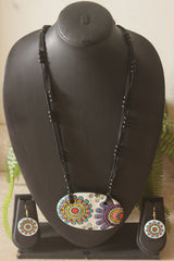 Hand Painted Flowers Terracotta Clay Long Necklace Set