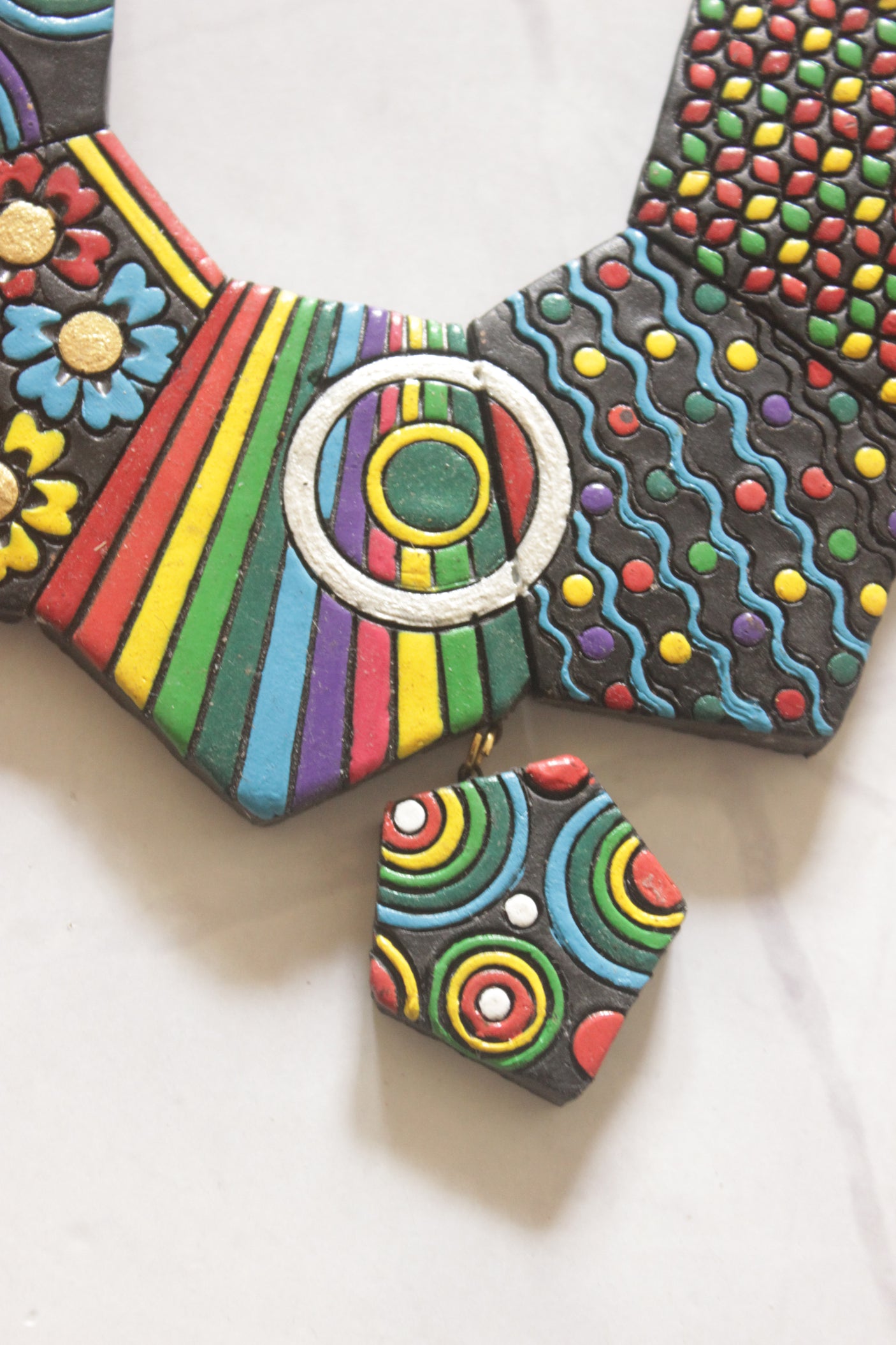 Hand-Painted Terracotta Clay Mosaic Statement Necklace Set