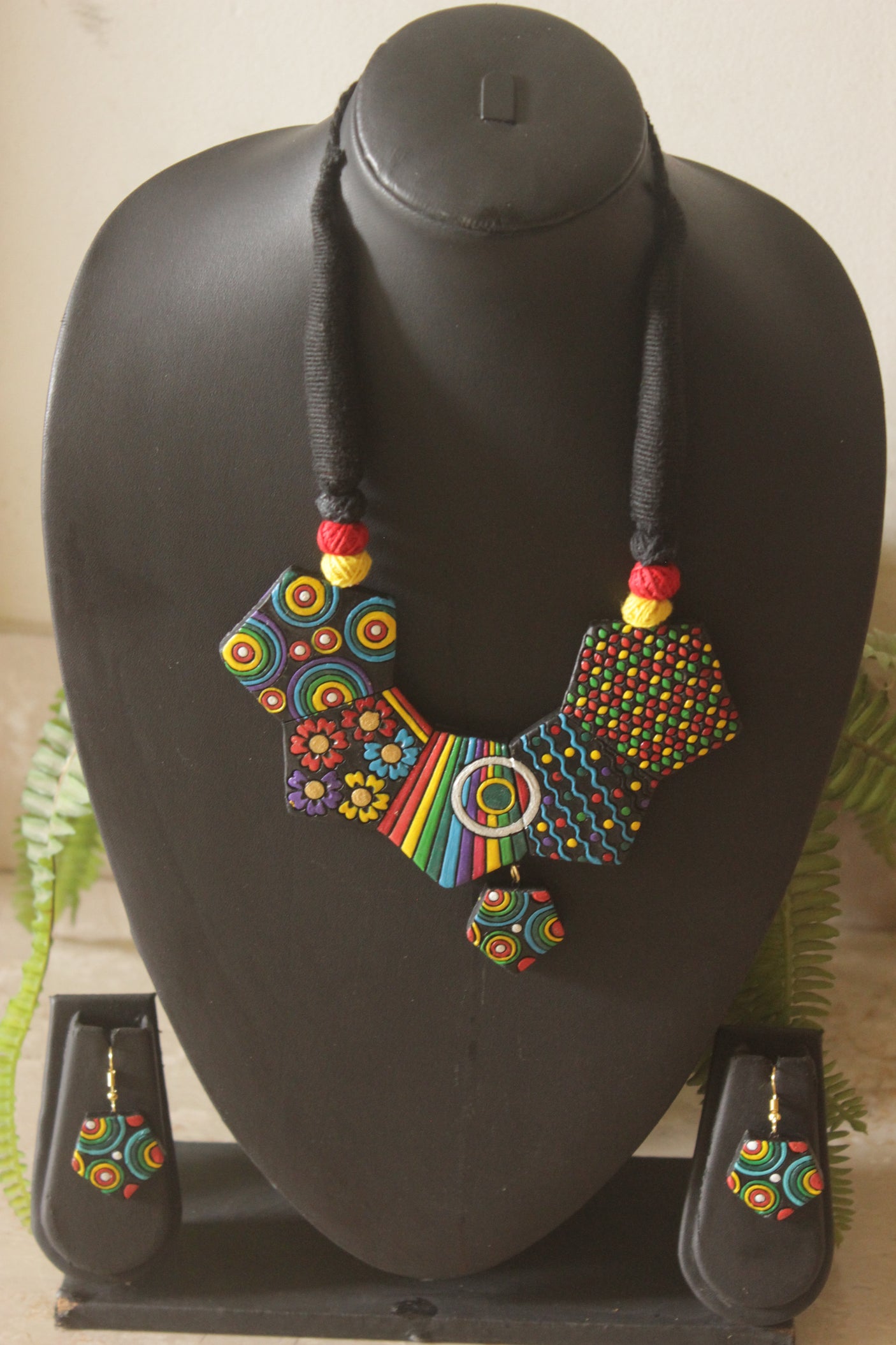 Hand-Painted Terracotta Clay Mosaic Statement Necklace Set
