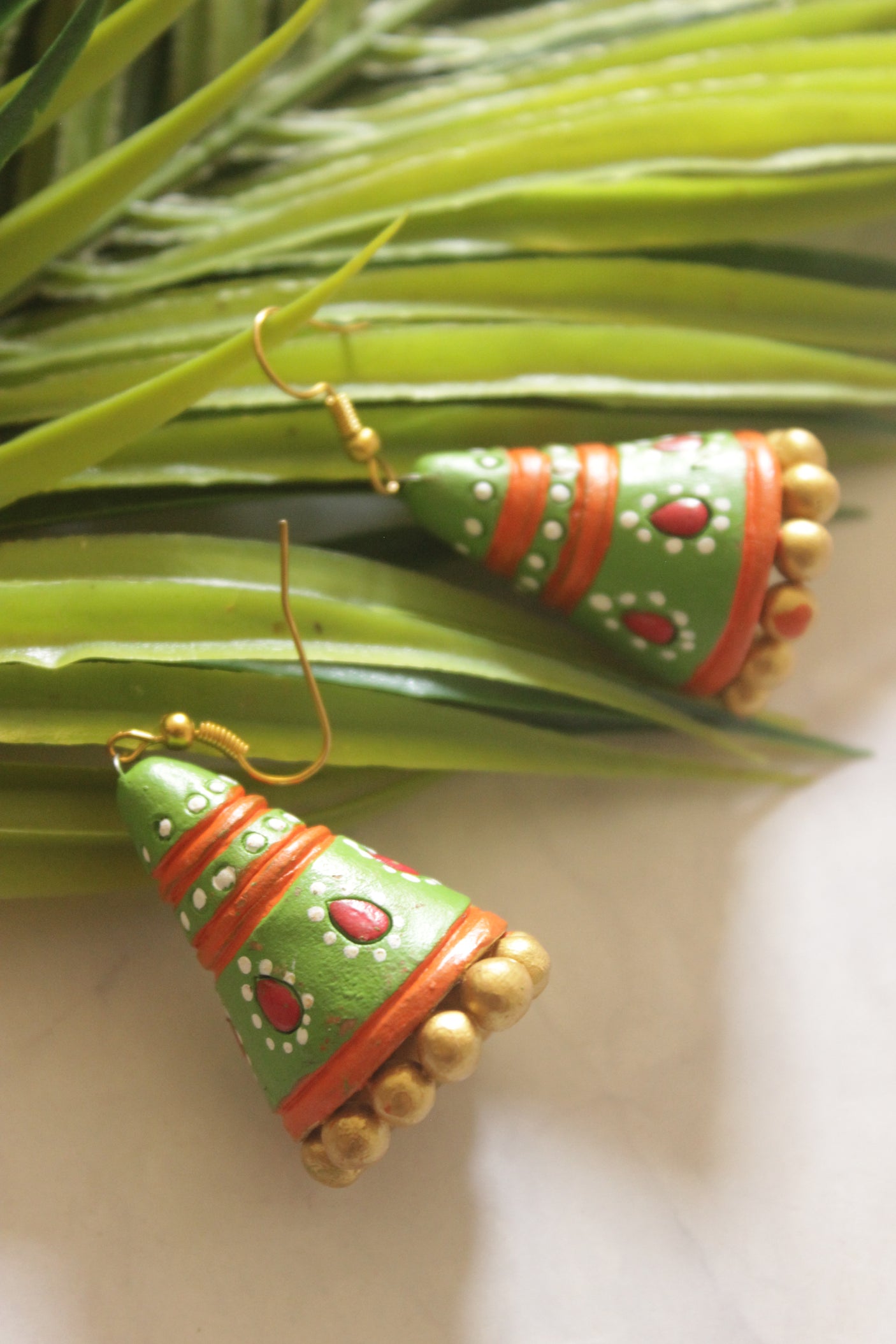 Hand-Painted Green Terracotta Cone Jhumka Earrings