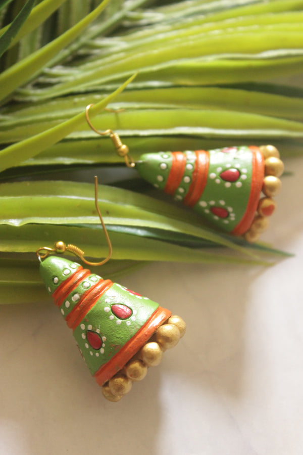 Hand-Painted Green Terracotta Cone Jhumka Earrings