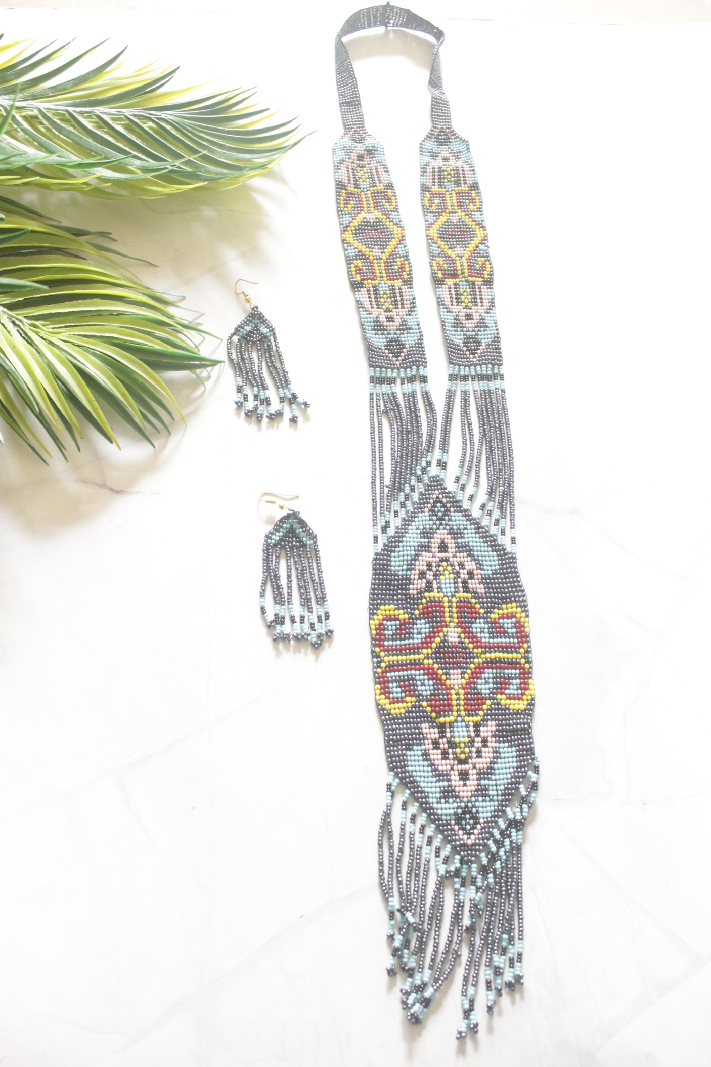 Grey and Multi-Color Hand Beaded Long Necklace Set