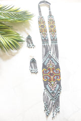 Grey and Multi-Color Hand Beaded Long Necklace Set