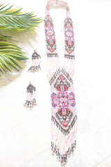 Soft Pink and Multi-Color Hand Beaded Long Necklace Set