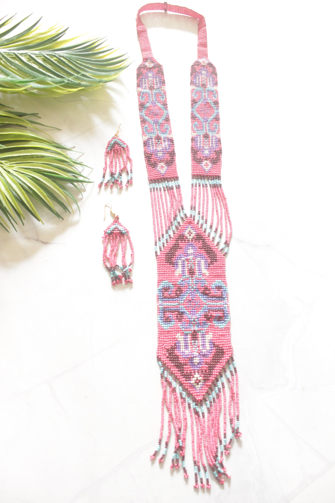 Pink and Blue Hand Beaded Long Necklace Set