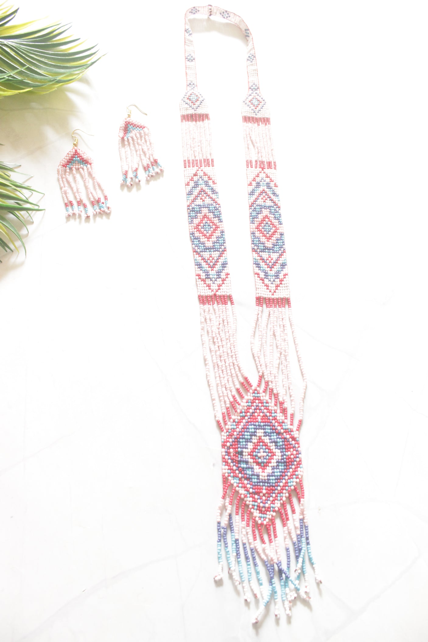 Soft Pink and Red Hand Beaded Long Necklace Set