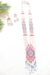 Soft Pink and Red Hand Beaded Long Necklace Set
