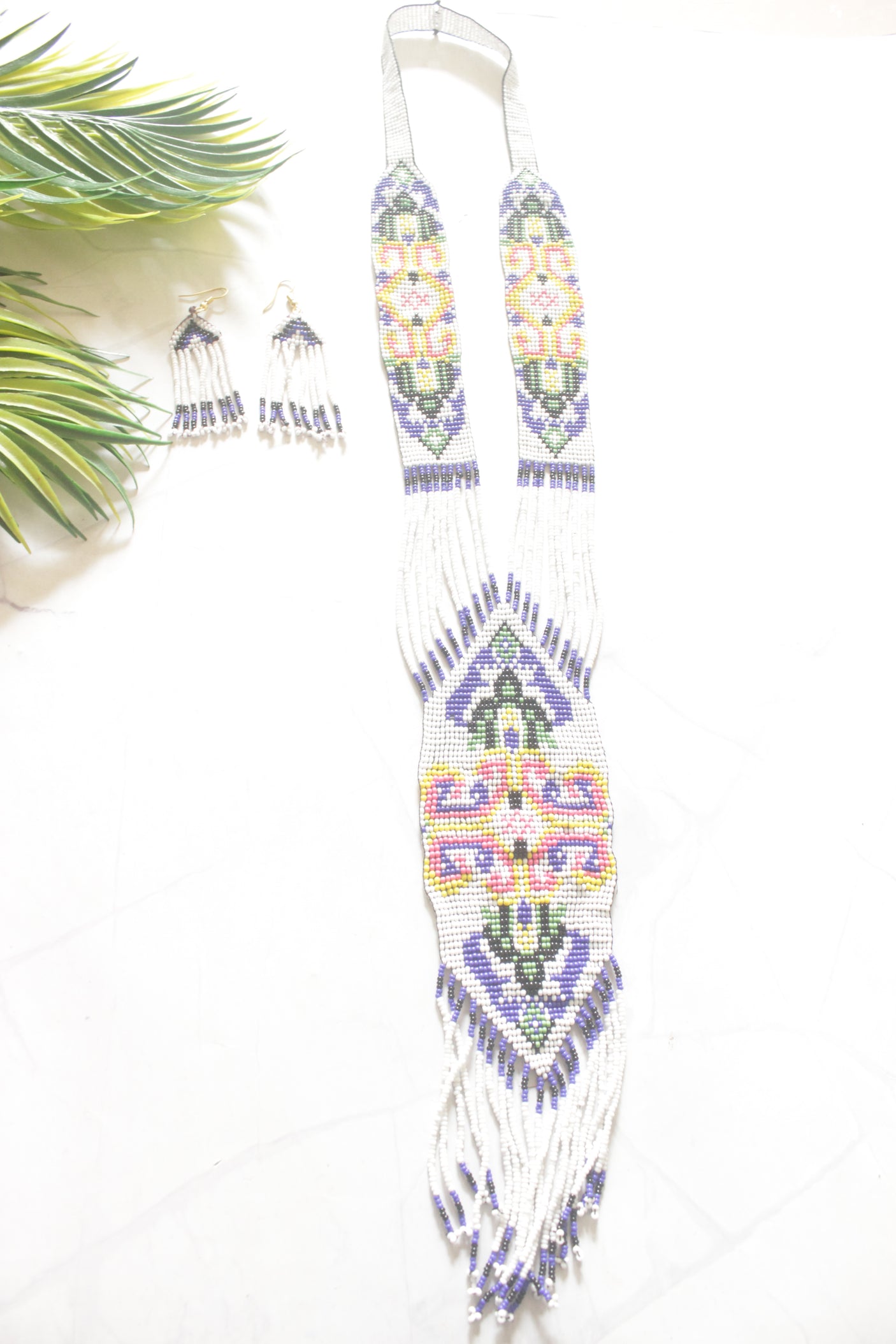 White and Multi-Color Hand Beaded Long Necklace Set