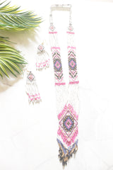 White and Multi-Color Hand Beaded Long Necklace Set