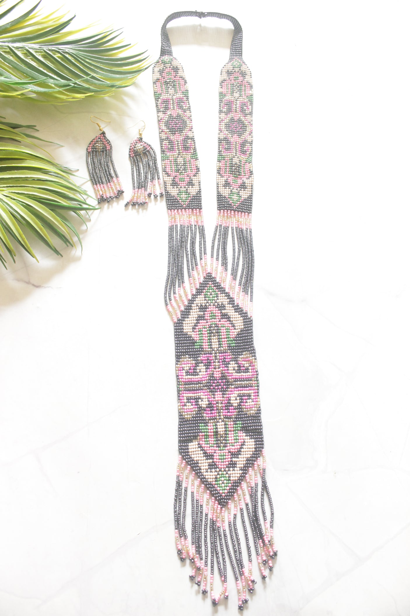 Grey and Pink Hand Beaded Long Necklace Set