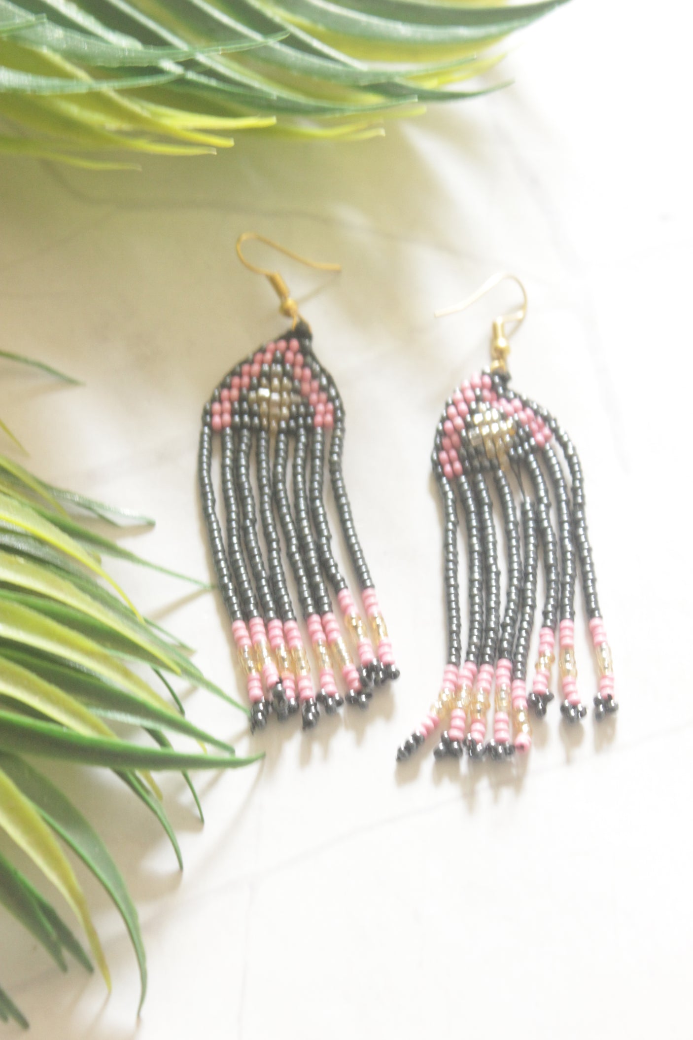 Grey and Pink Hand Beaded Long Necklace Set