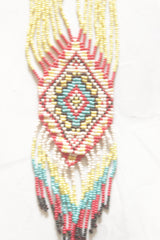 Dull Yellow and Red Hand Beaded Long Necklace Set