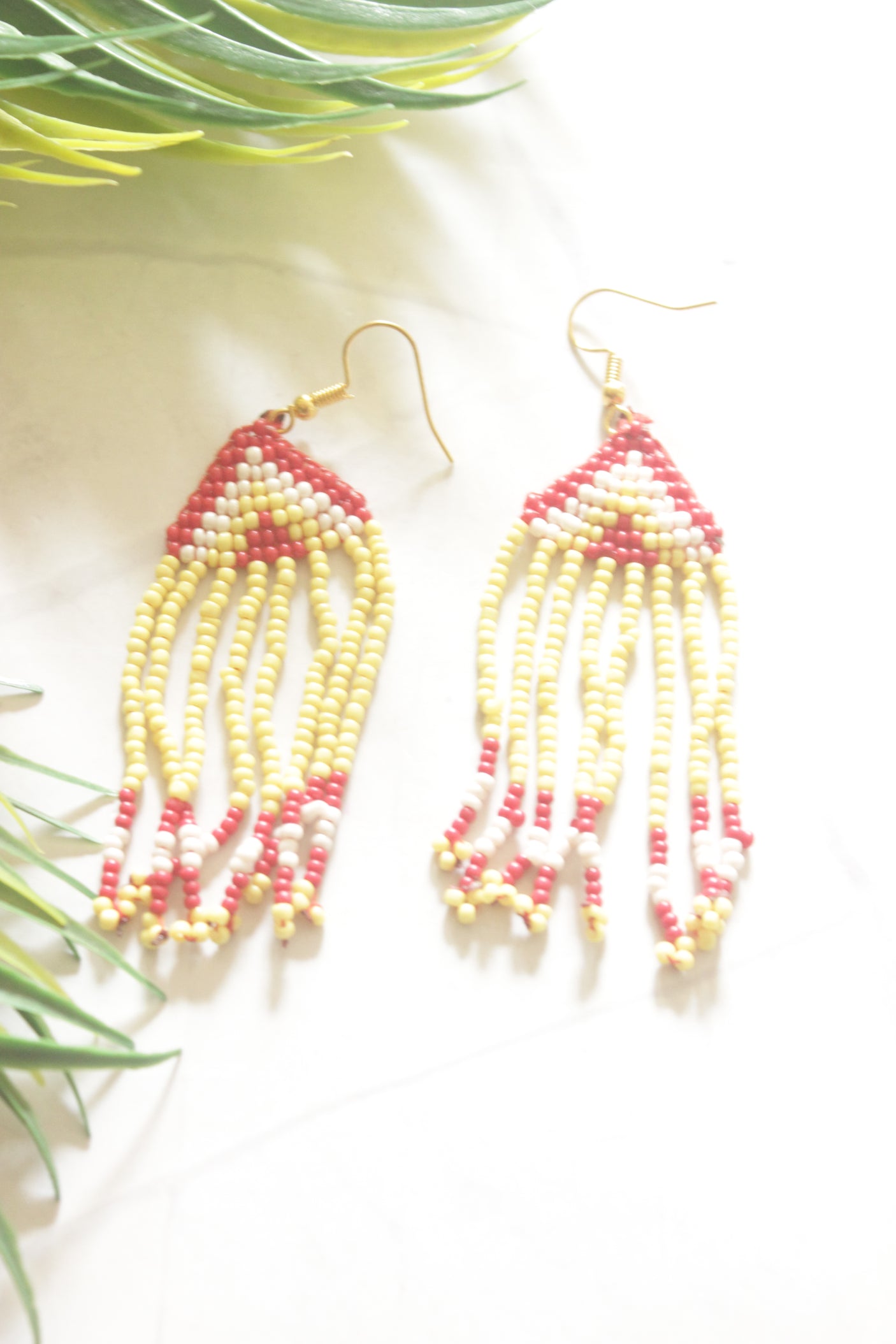 Dull Yellow and Red Hand Beaded Long Necklace Set