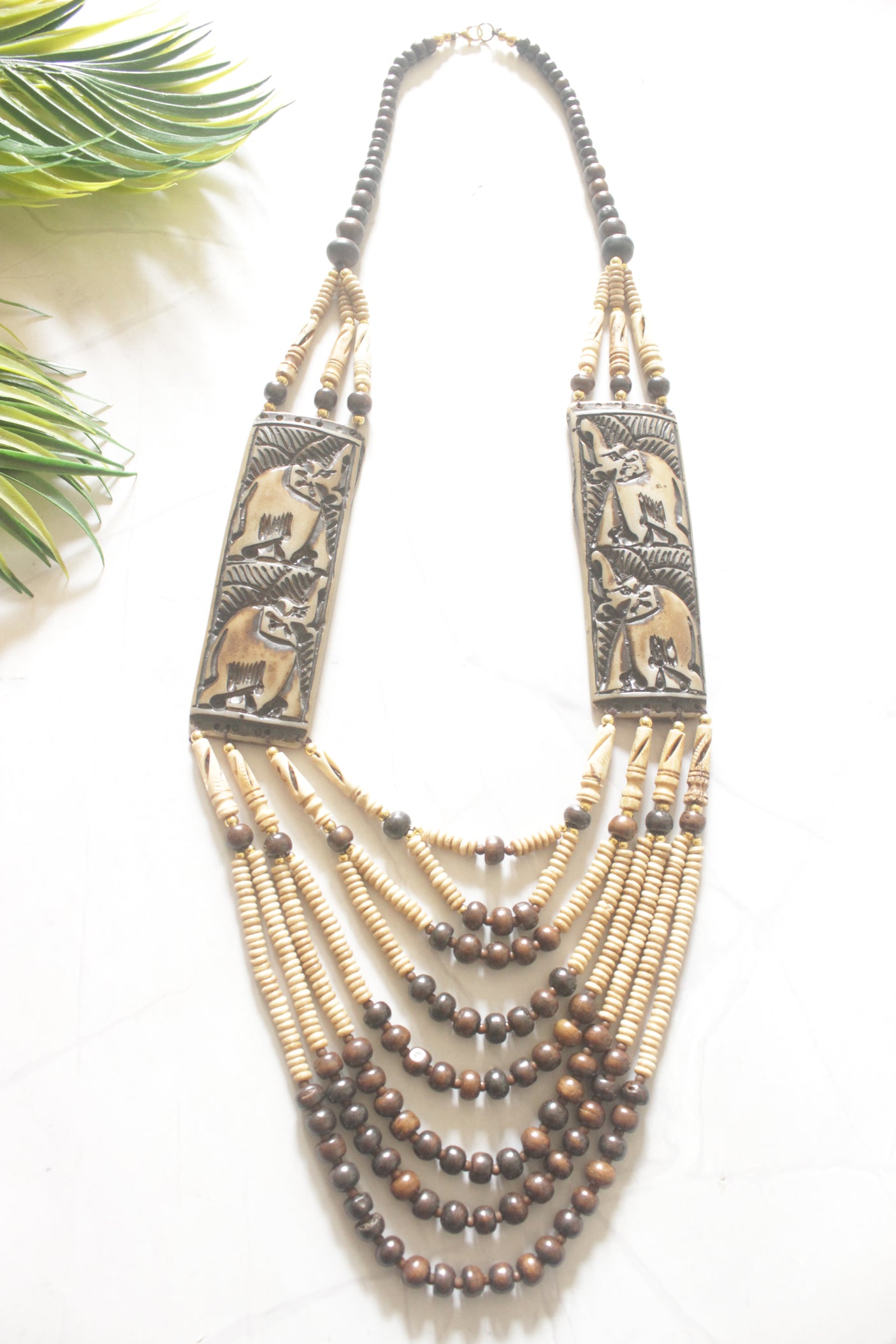 Ivory and Brown Bone Beads Statement Necklace with Elephant Motifs