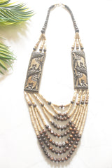 Ivory and Brown Bone Beads Statement Necklace with Elephant Motifs