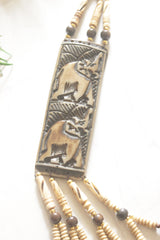 Ivory and Brown Bone Beads Statement Necklace with Elephant Motifs