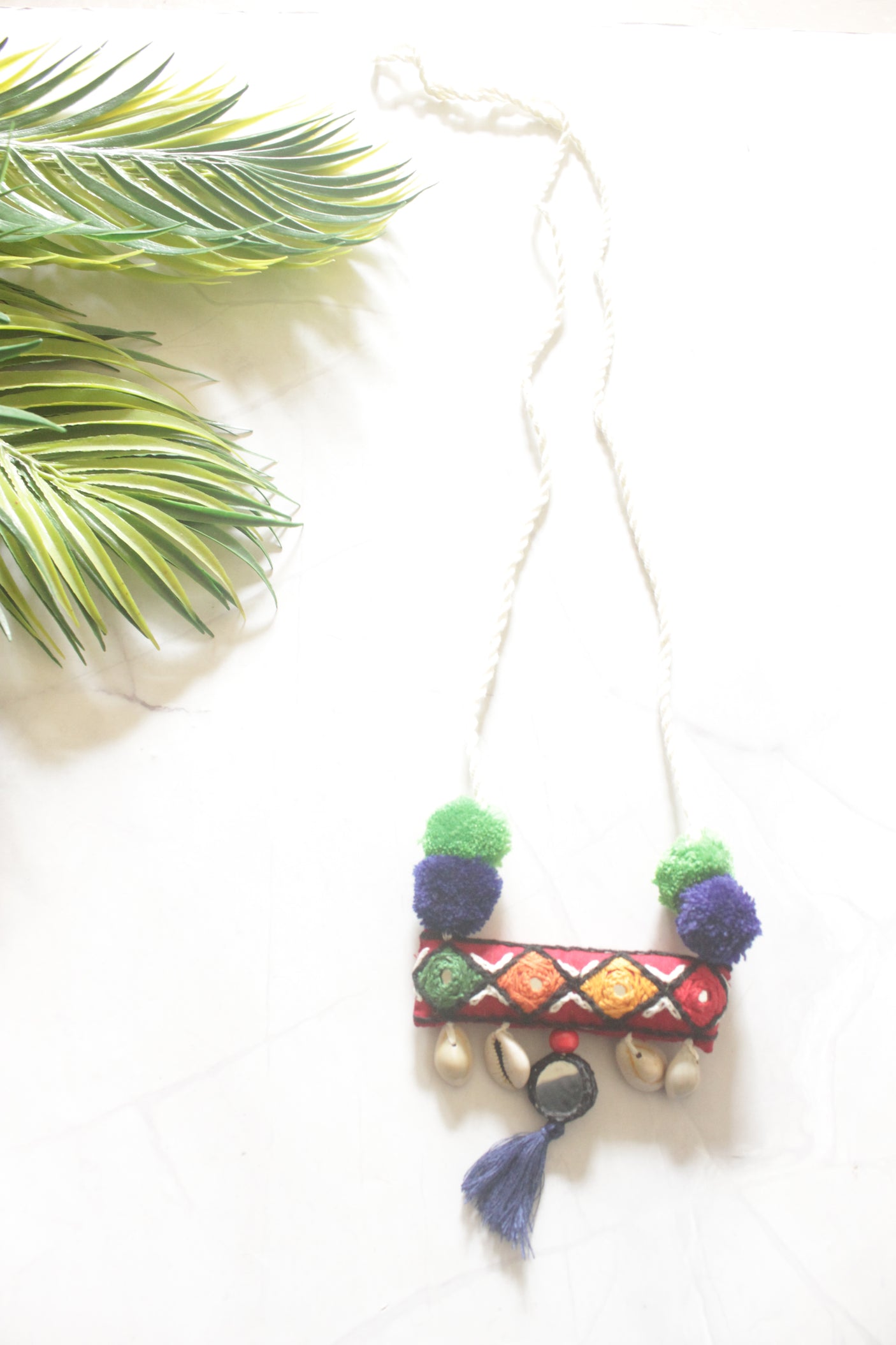 Hand Embroidered Kantha Work Fabric, Shell and Mirror Necklace