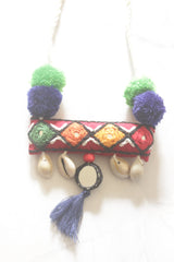 Hand Embroidered Kantha Work Fabric, Shell and Mirror Necklace