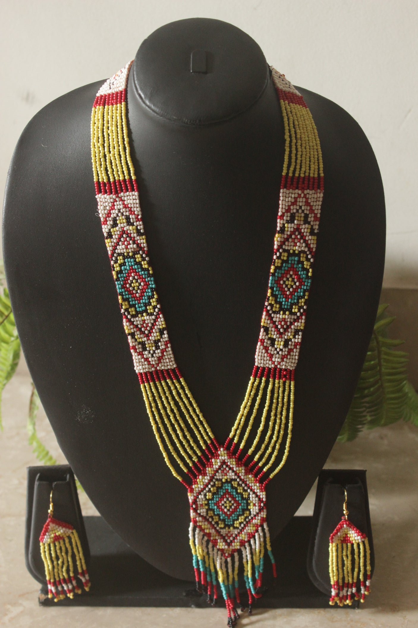 Dull Yellow and Red Hand Beaded Long Necklace Set