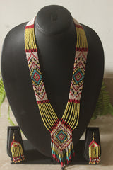 Dull Yellow and Red Hand Beaded Long Necklace Set