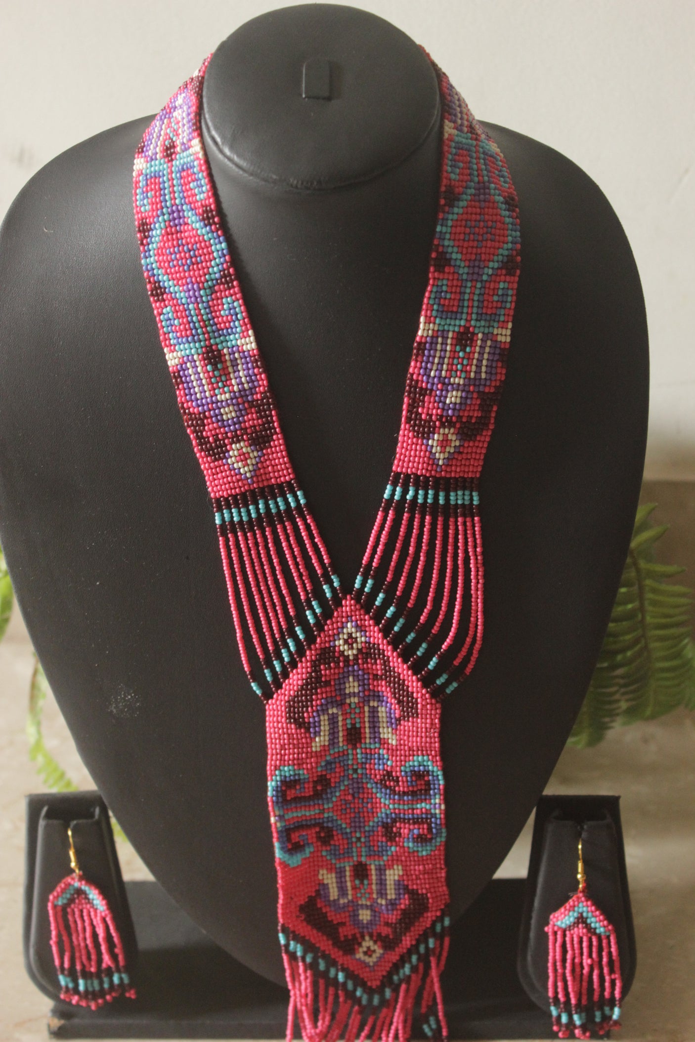 Pink and Blue Hand Beaded Long Necklace Set
