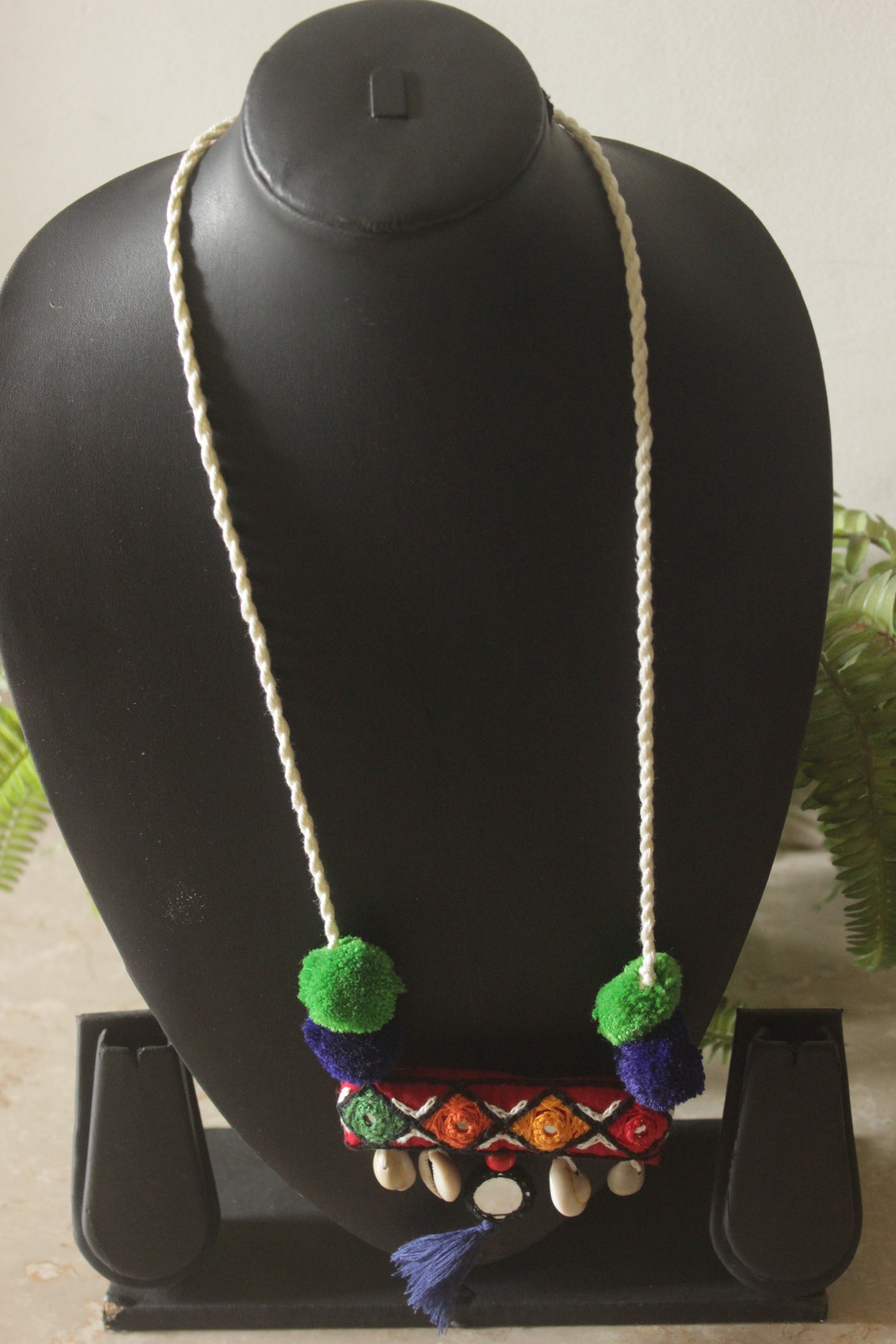 Hand Embroidered Kantha Work Fabric, Shell and Mirror Necklace
