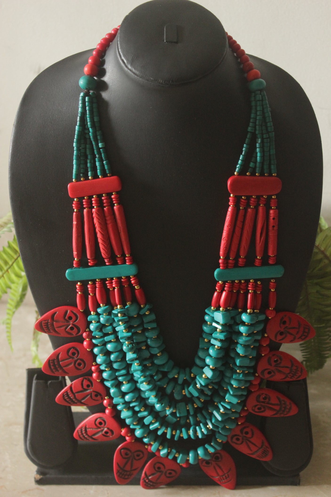 Turquoise and Red Bone Beads Quirky Statement Necklace