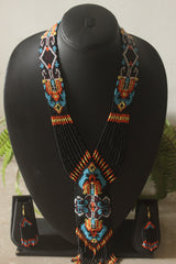 Black and Blue Hand Beaded Long Necklace Set