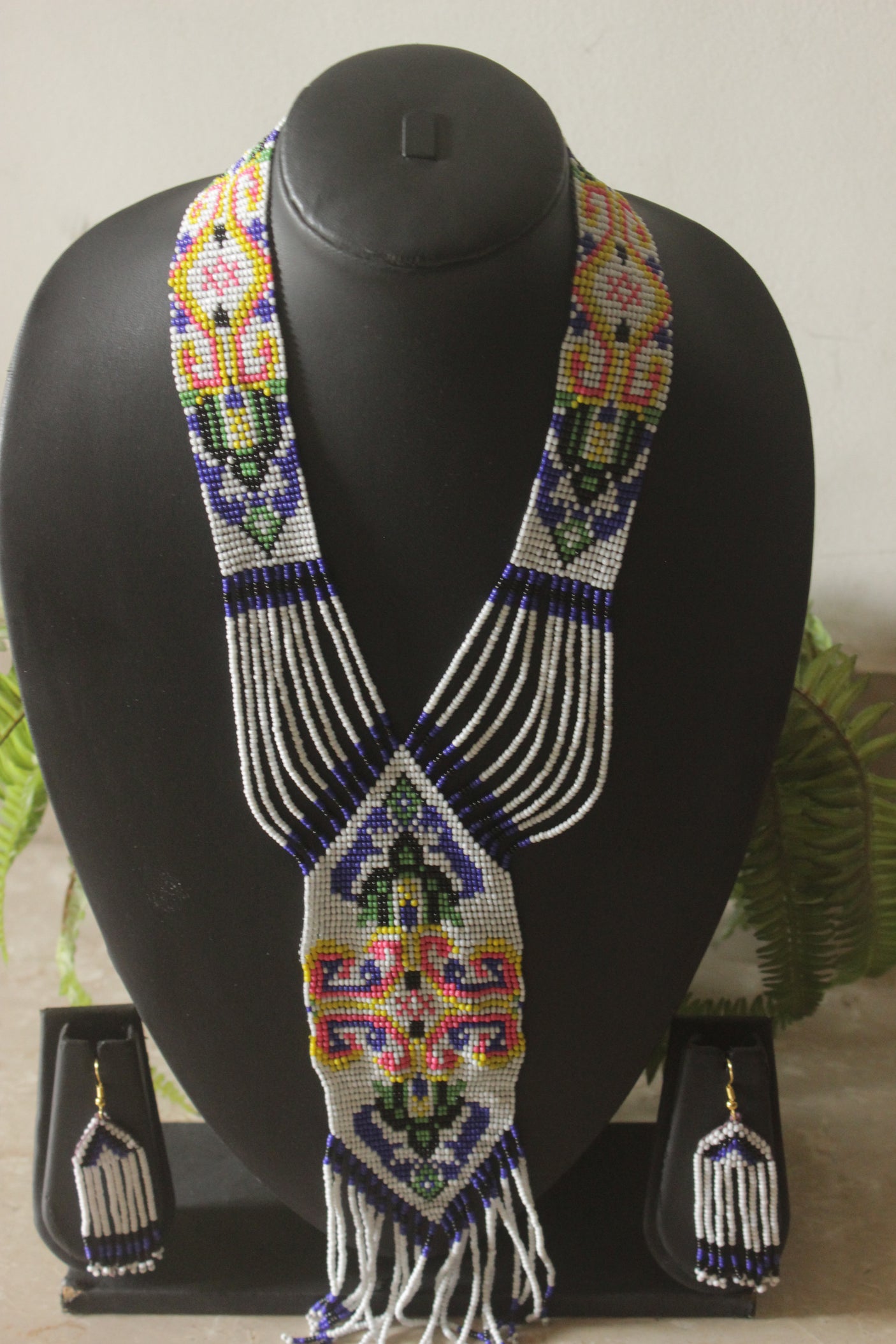 White and Multi-Color Hand Beaded Long Necklace Set