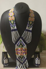 White and Multi-Color Hand Beaded Long Necklace Set