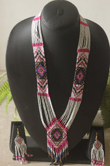 White and Multi-Color Hand Beaded Long Necklace Set