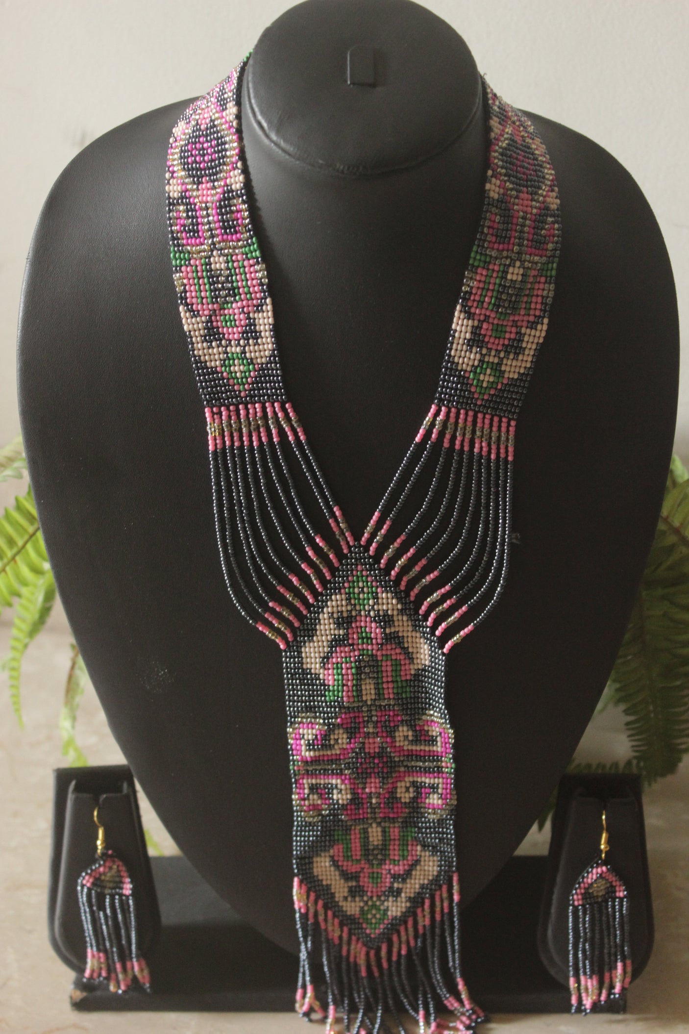 Grey and Pink Hand Beaded Long Necklace Set