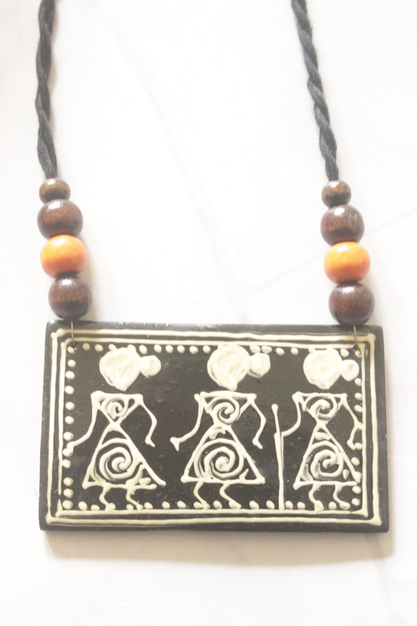 Black Hand Painted Warli Art Thread Closure Ceramic Necklace Set
