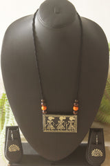 Black Hand Painted Warli Art Thread Closure Ceramic Necklace Set