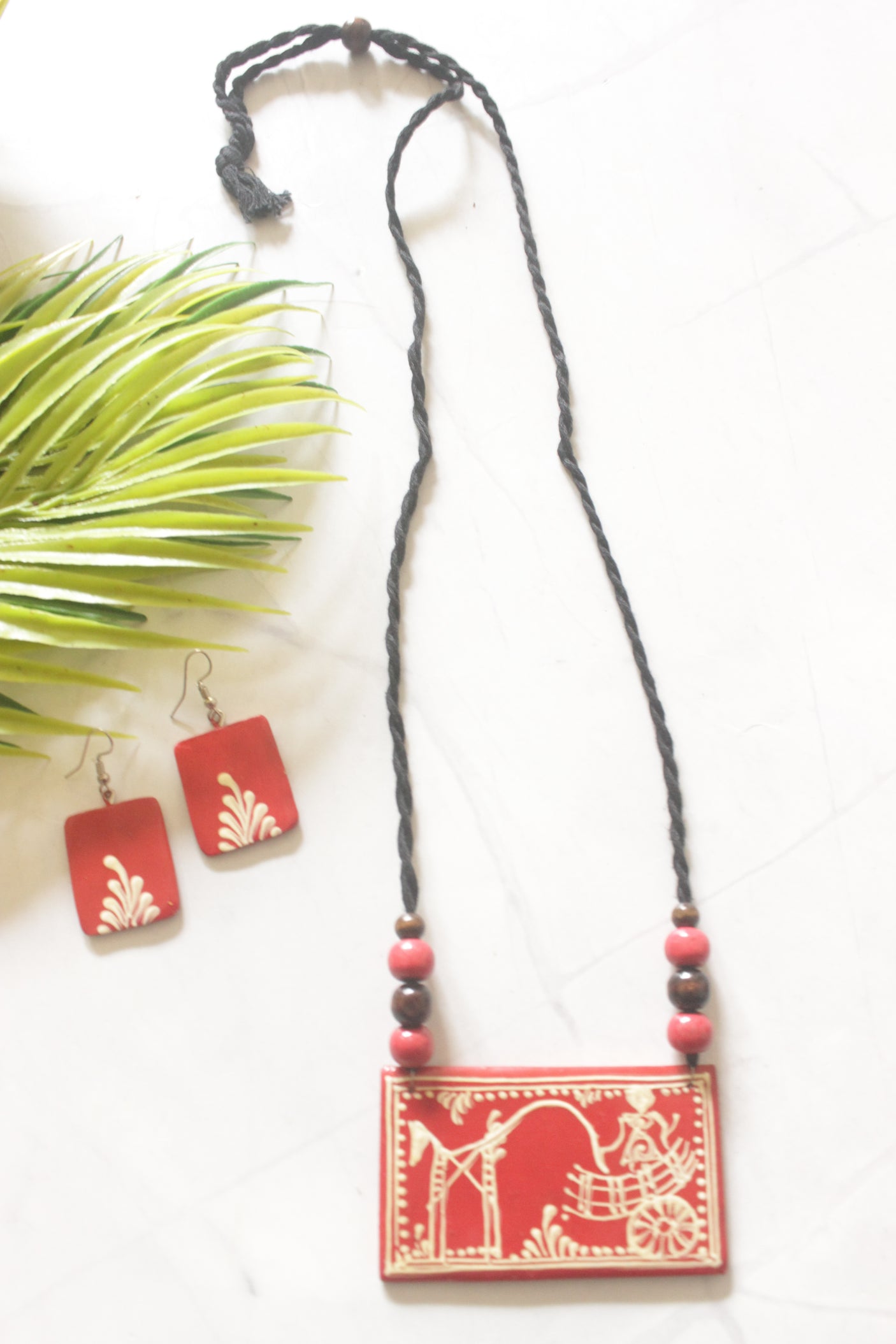 Red Pattachitra Horse & Chariot Hand-Painted Ceramic Necklace Set