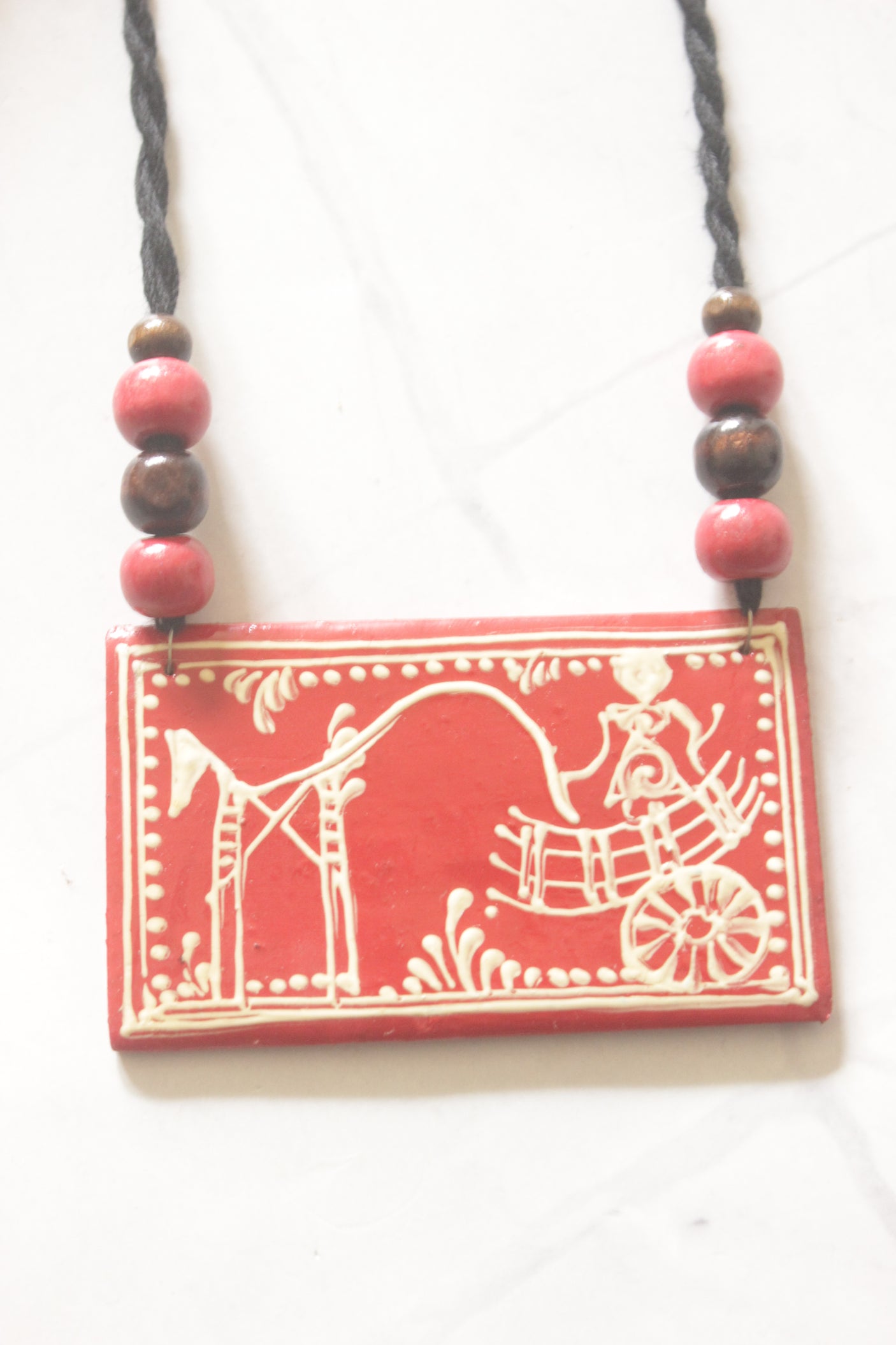 Red Pattachitra Horse & Chariot Hand-Painted Ceramic Necklace Set
