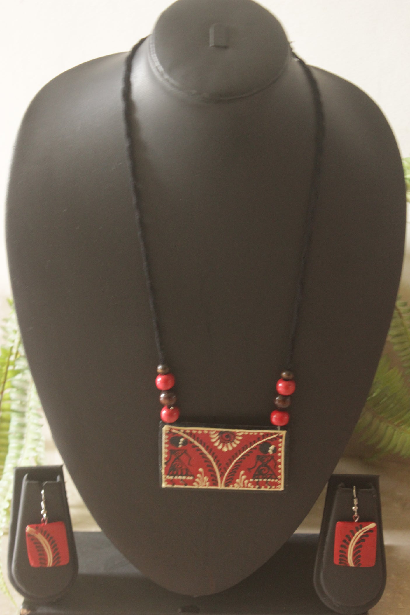 Red Hand-Painted Warli Art Ceramic Necklace Set