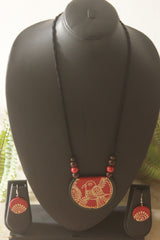 Red & Cream Hand-Painted Bird Motif Ceramic Necklace Set
