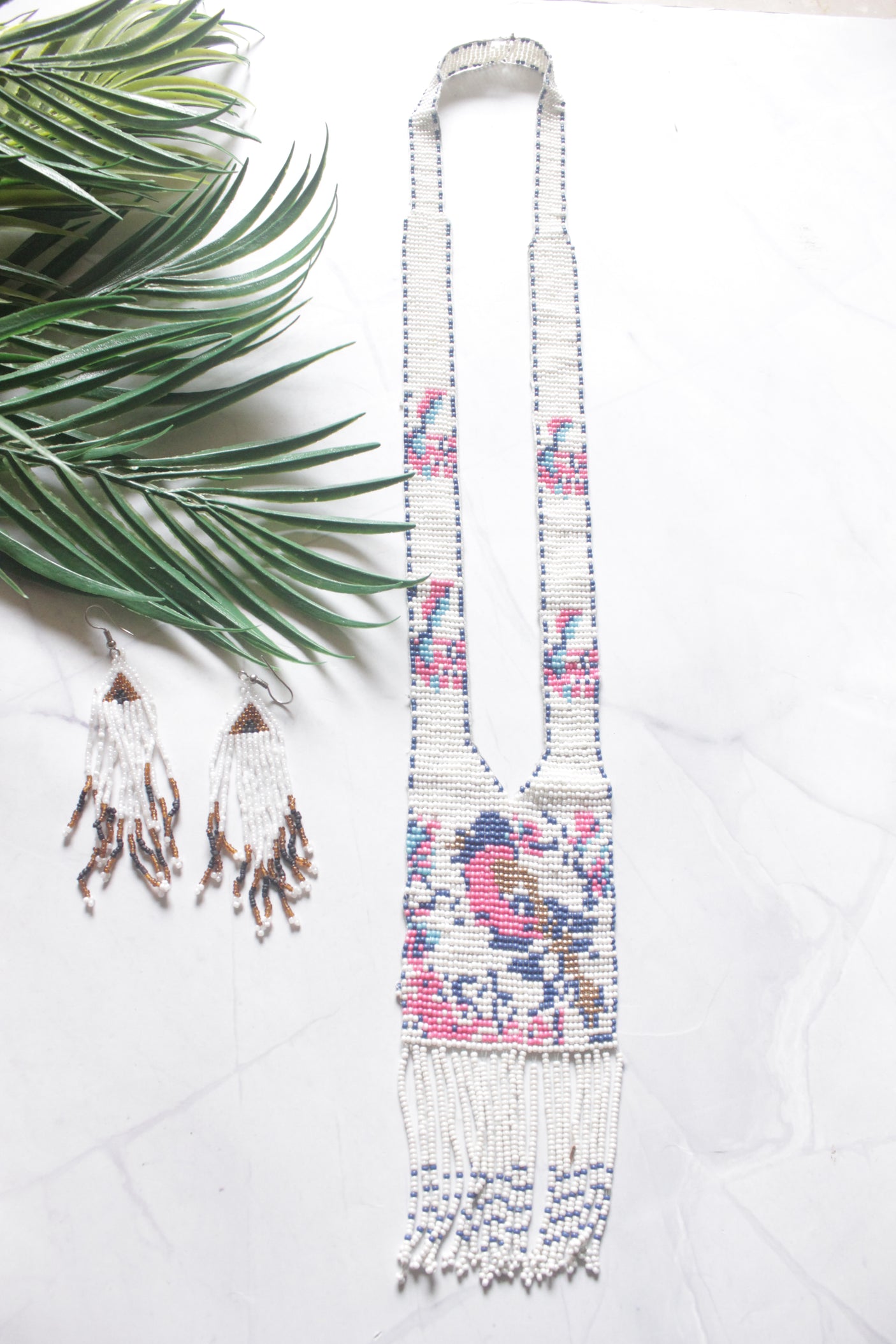 White and Multi-Color Hand Beaded Long Necklace Set